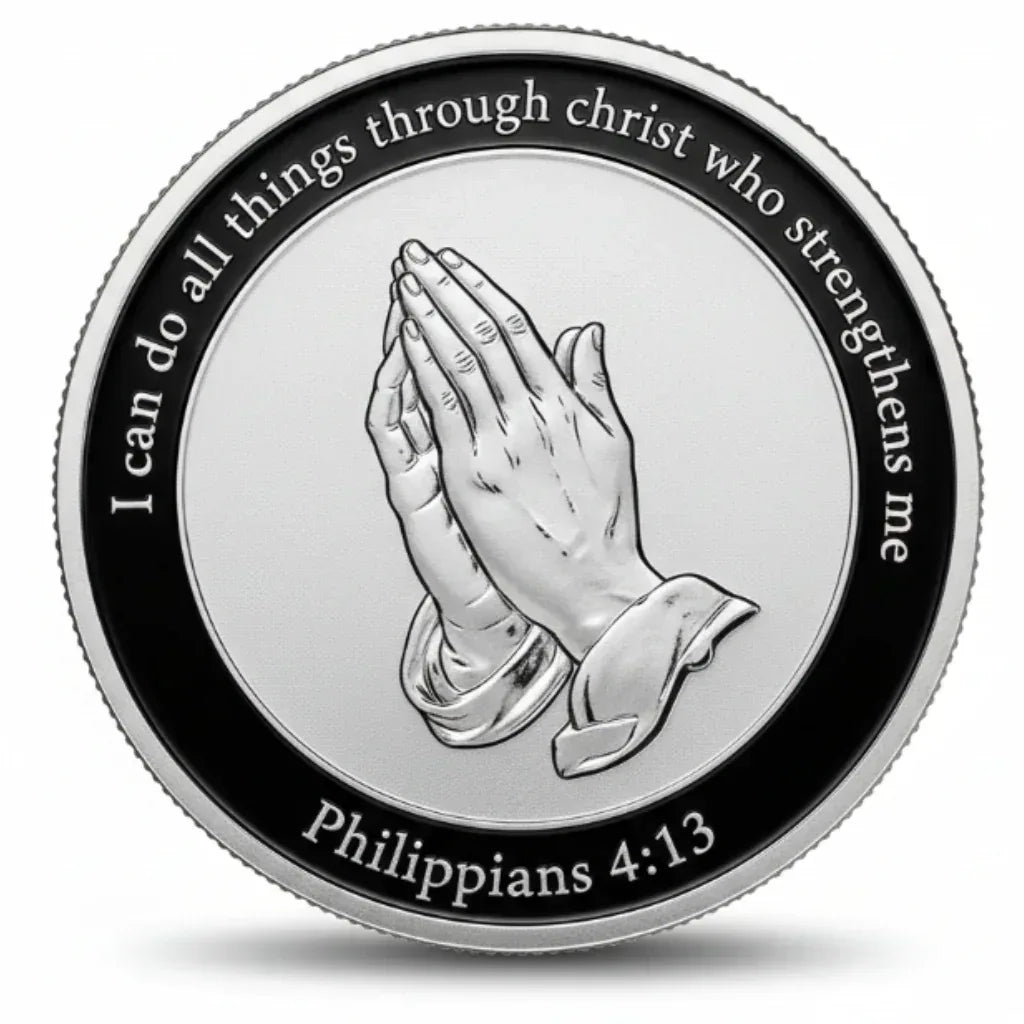 Philippians 4:13 prayer coin commemorative collectible praying hands three crosses Christian faith scripture verse collectible token available at One More Coin store
