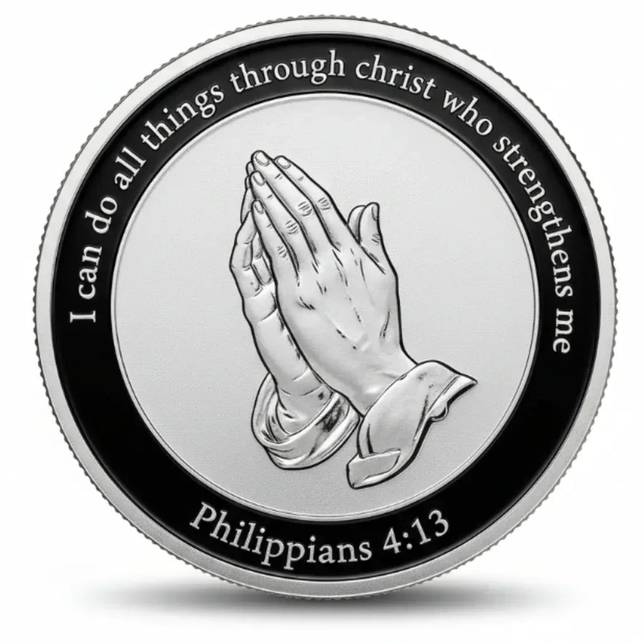 Philippians 4:13 prayer coin commemorative collectible praying hands three crosses Christian faith scripture verse collectible token available at One More Coin store
