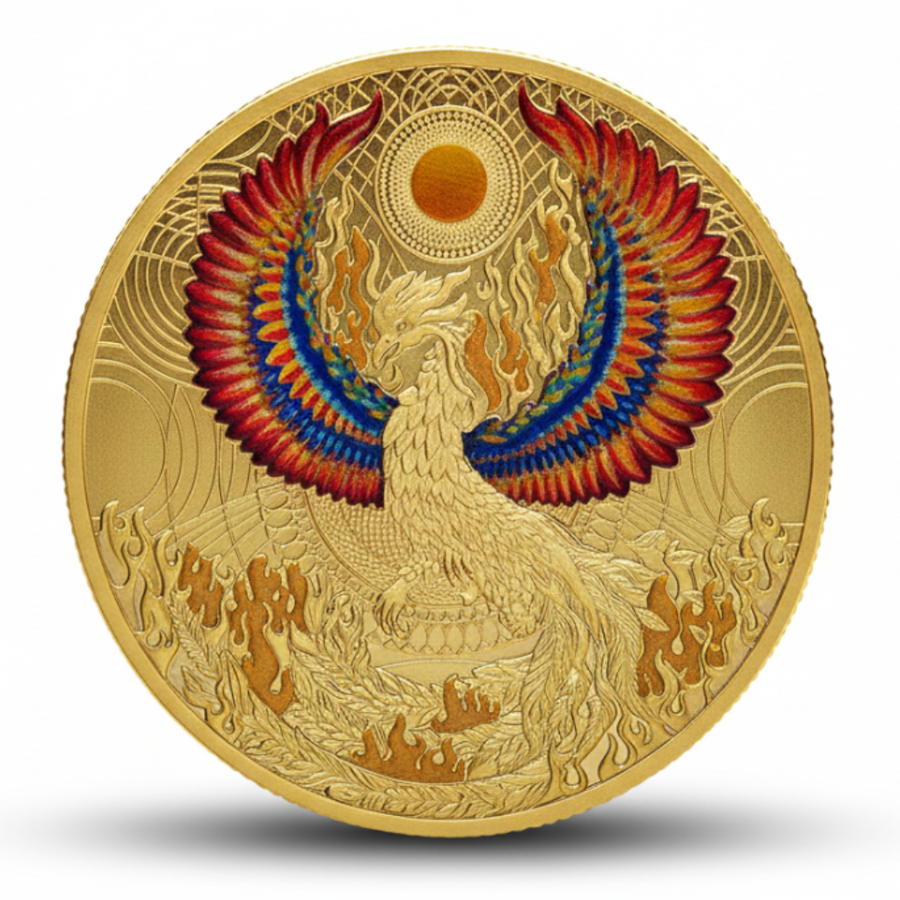 Phoenix Chinese zodiac coin gold commemorative collectible enamel wings flames rebirth mythology feng shui collectible token available at One More Coin store
