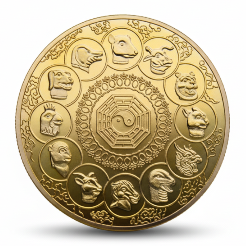 Phoenix Chinese zodiac coin gold reverse 12 animals yin yang bagua feng shui mythology collectible token
