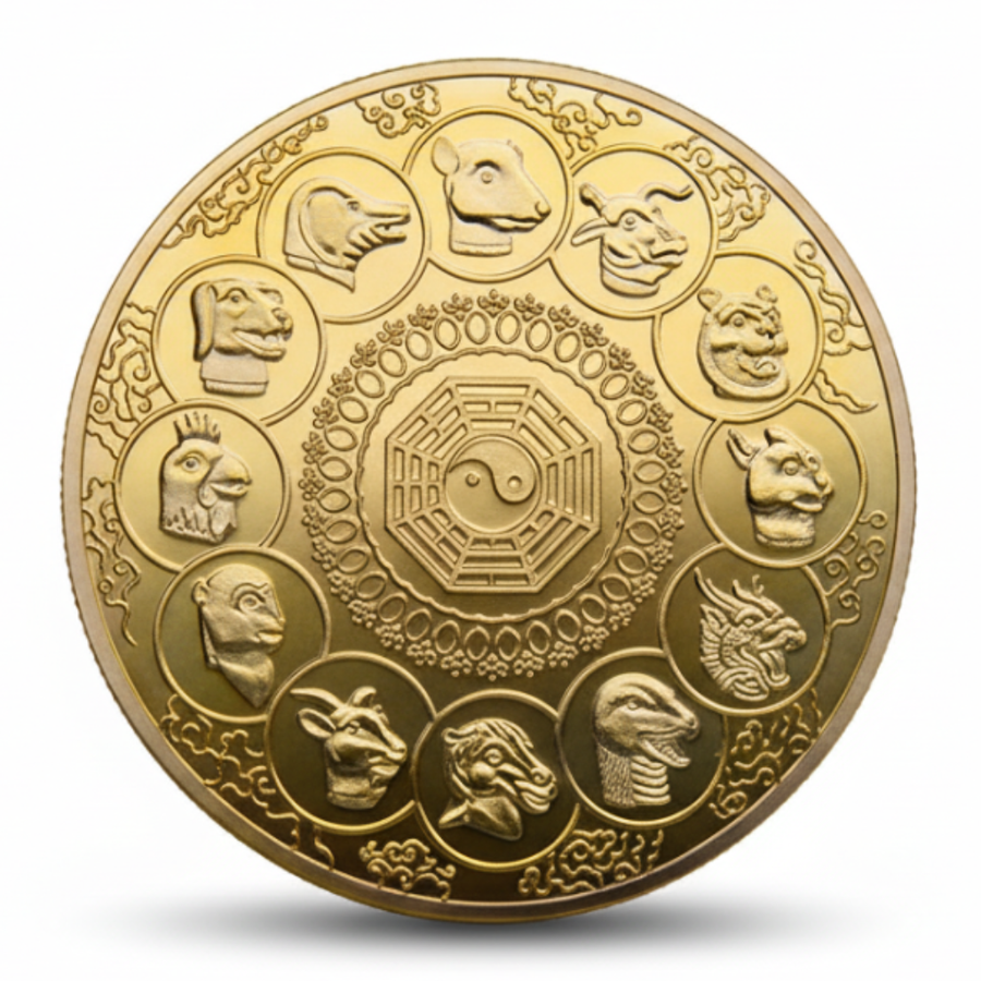 Phoenix Chinese zodiac coin gold reverse 12 animals yin yang bagua feng shui mythology collectible token
