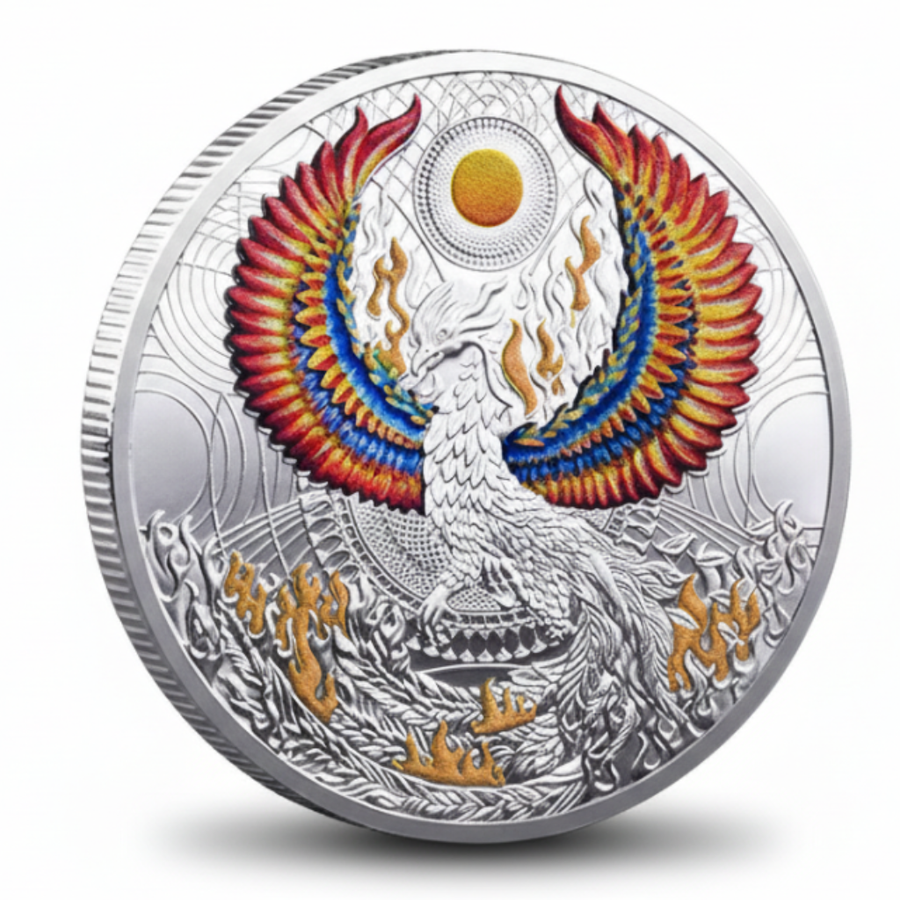 Phoenix Chinese zodiac coin silver commemorative collectible enamel wings flames rebirth mythology feng shui collectible token
