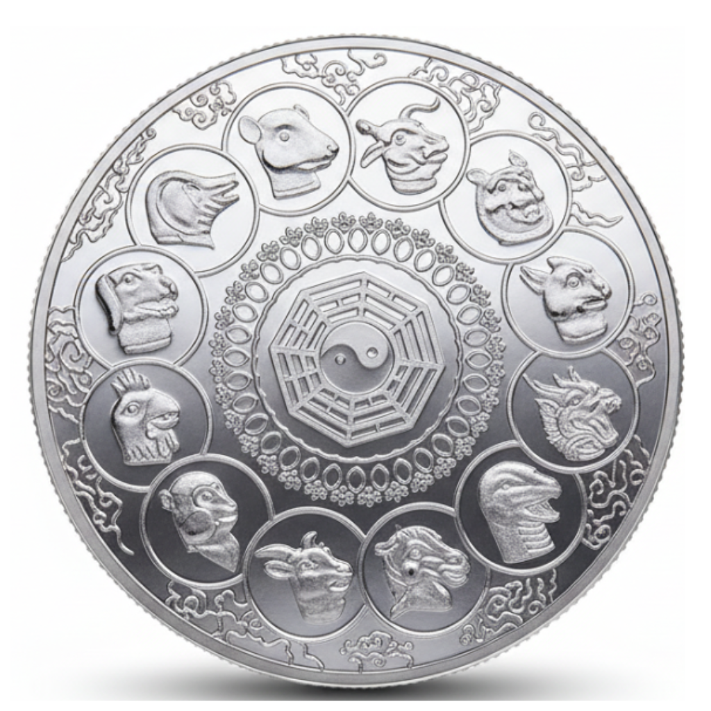 Phoenix Chinese zodiac coin silver reverse 12 animals yin yang bagua feng shui mythology collectible token
