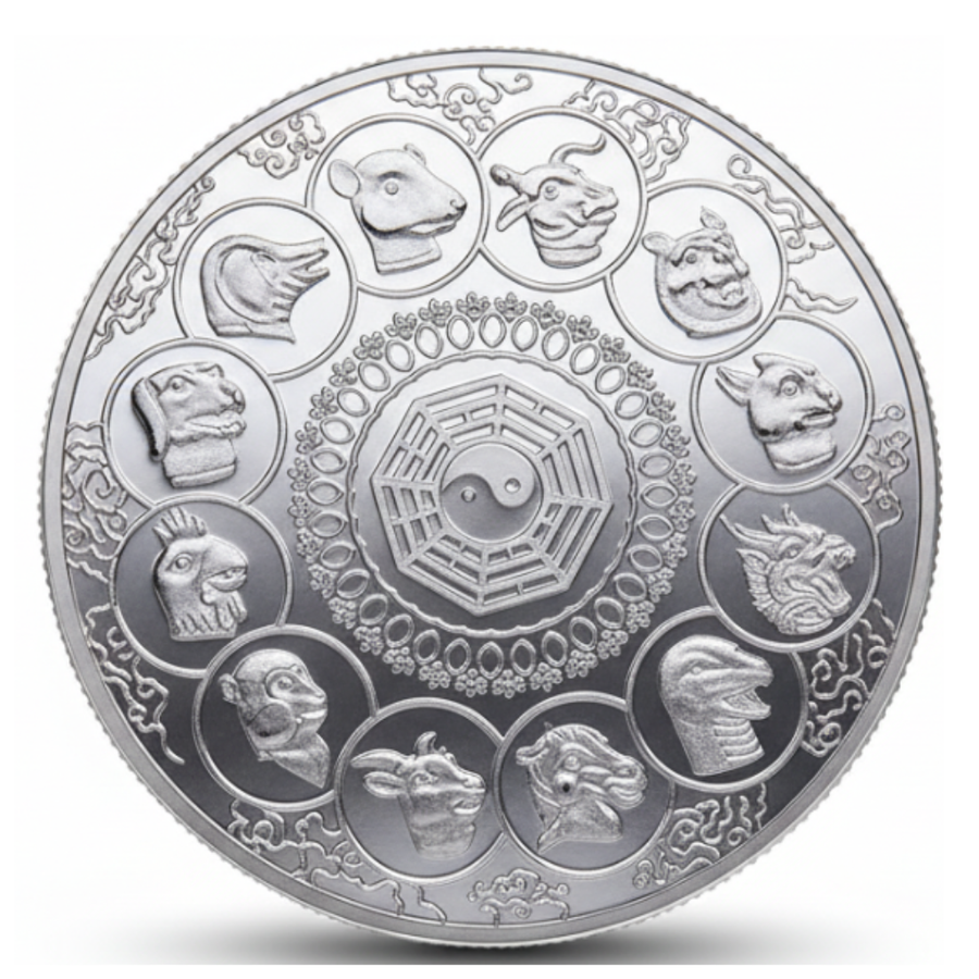 Phoenix Chinese zodiac coin silver reverse 12 animals yin yang bagua feng shui mythology collectible token
