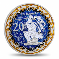 Pirate sailing ship coin reverse featuring white sailing ship with number 20 on blue enamel background