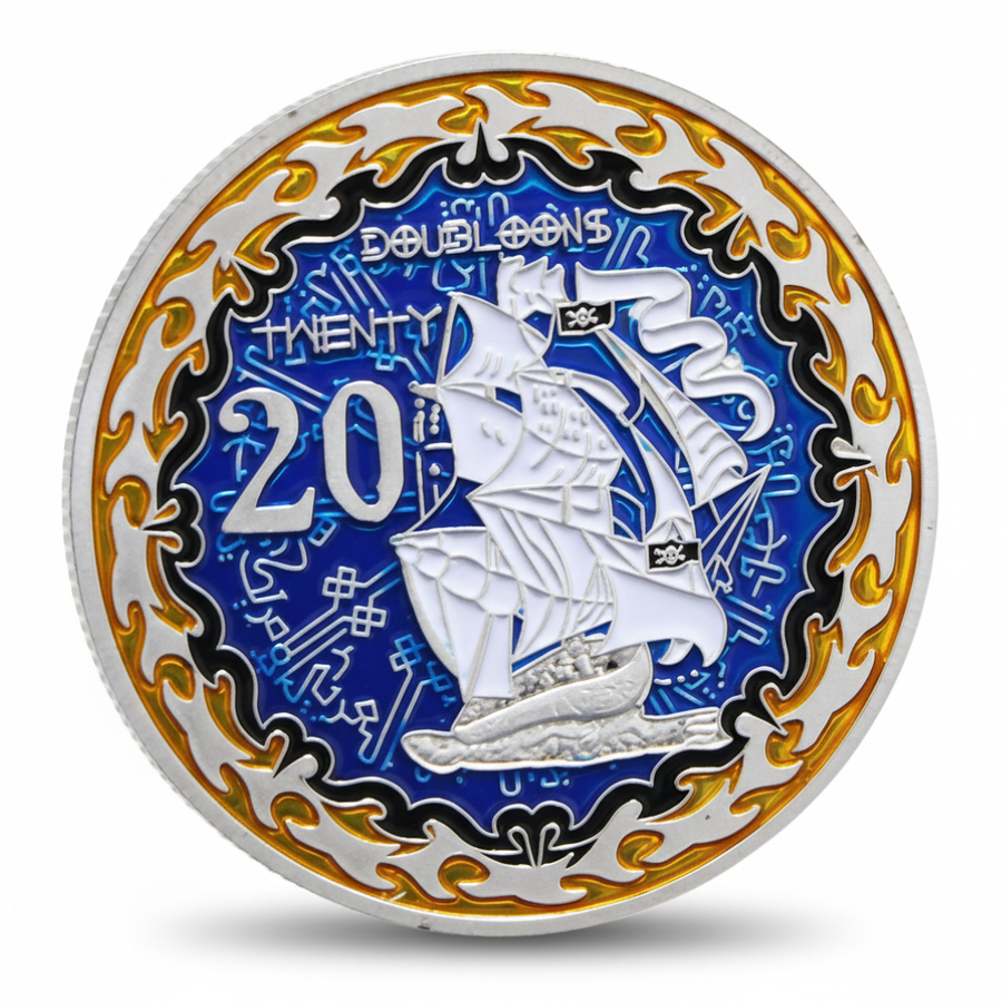Pirate sailing ship coin reverse featuring white sailing ship with number 20 on blue enamel background