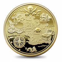Pirate collectible coin with gold treasure map featuring sailing ship, compass rose, treasure chest, and islands, 40mm diameter