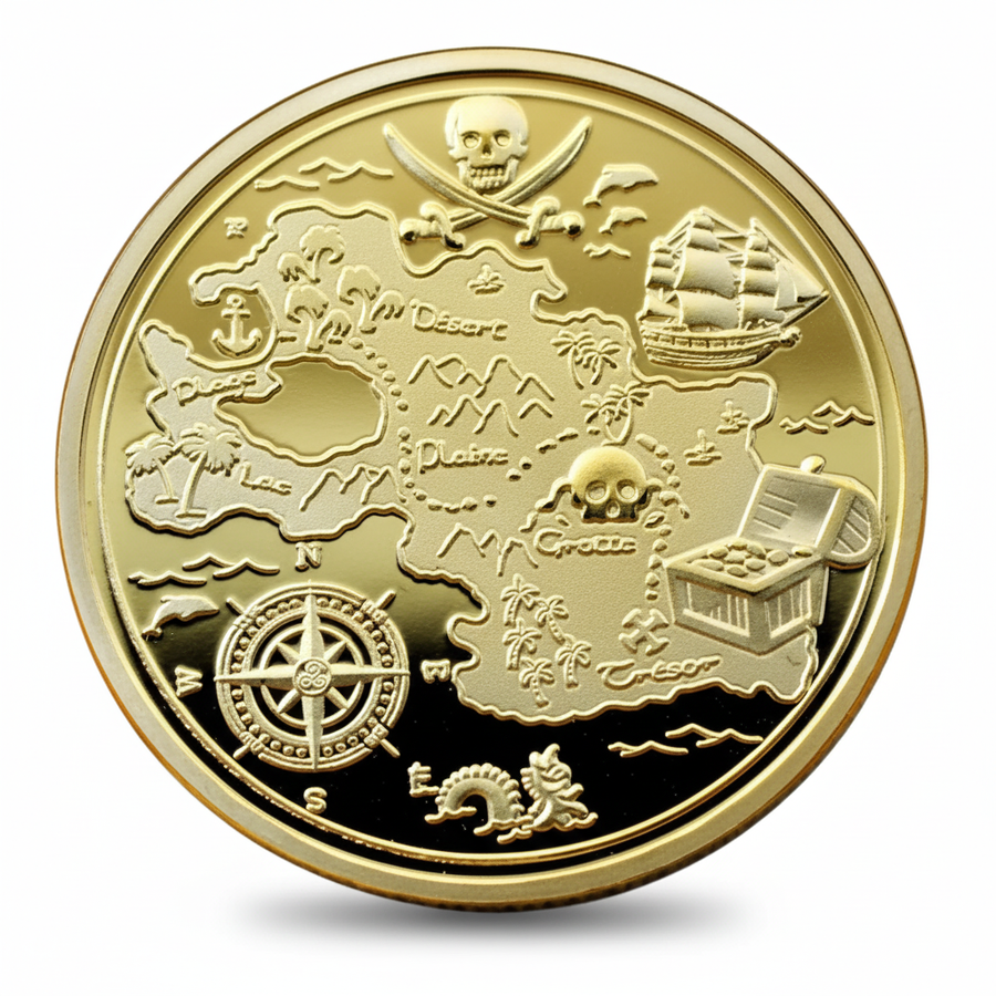 Pirate collectible coin with gold treasure map featuring sailing ship, compass rose, treasure chest, and islands, 40mm diameter