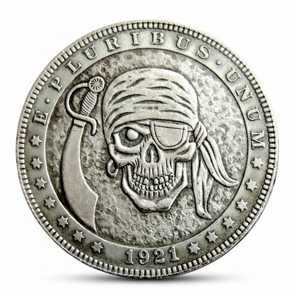 Pirate skull hobo coin with bandana eye patch and sword 1921 carved nautical art available at One More Coin store
