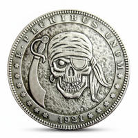 Pirate skull hobo coin with bandana eye patch and sword 1921 carved nautical art available at One More Coin store
