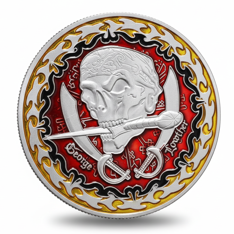 Pirate skull sailing ship coin with crossed cutlass swords red enamel nautical collectible available at One More Coin store
