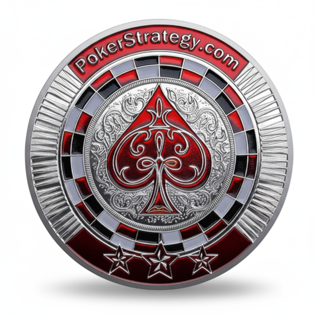 PokerStrategy.com poker coin reverse featuring ornate silver spade with decorative scrollwork and roulette wheel pattern