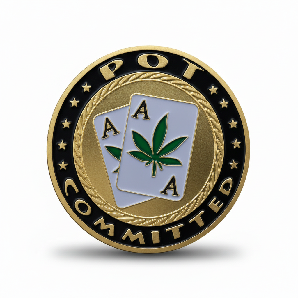 Pot Committed poker challenge coin featuring gold and black enamel finish with three aces and cannabis leaf design, 40mm diameter

