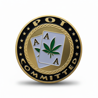 Pot Committed poker challenge coin featuring gold and black enamel finish with three aces and cannabis leaf design, 40mm diameter

