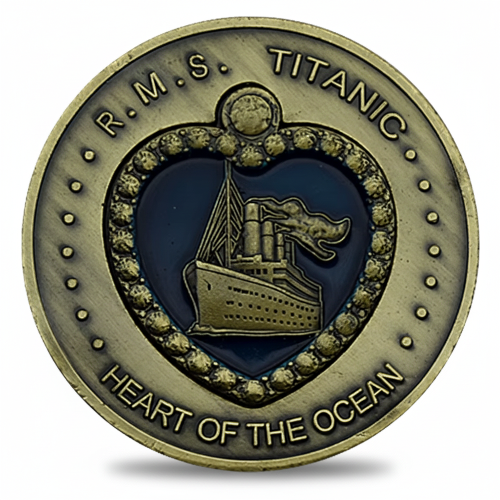 RMS Titanic Heart of the Ocean commemorative coin blue enamel gemstone maritime history collectible gift for Titanic fans available at One More Coin store
