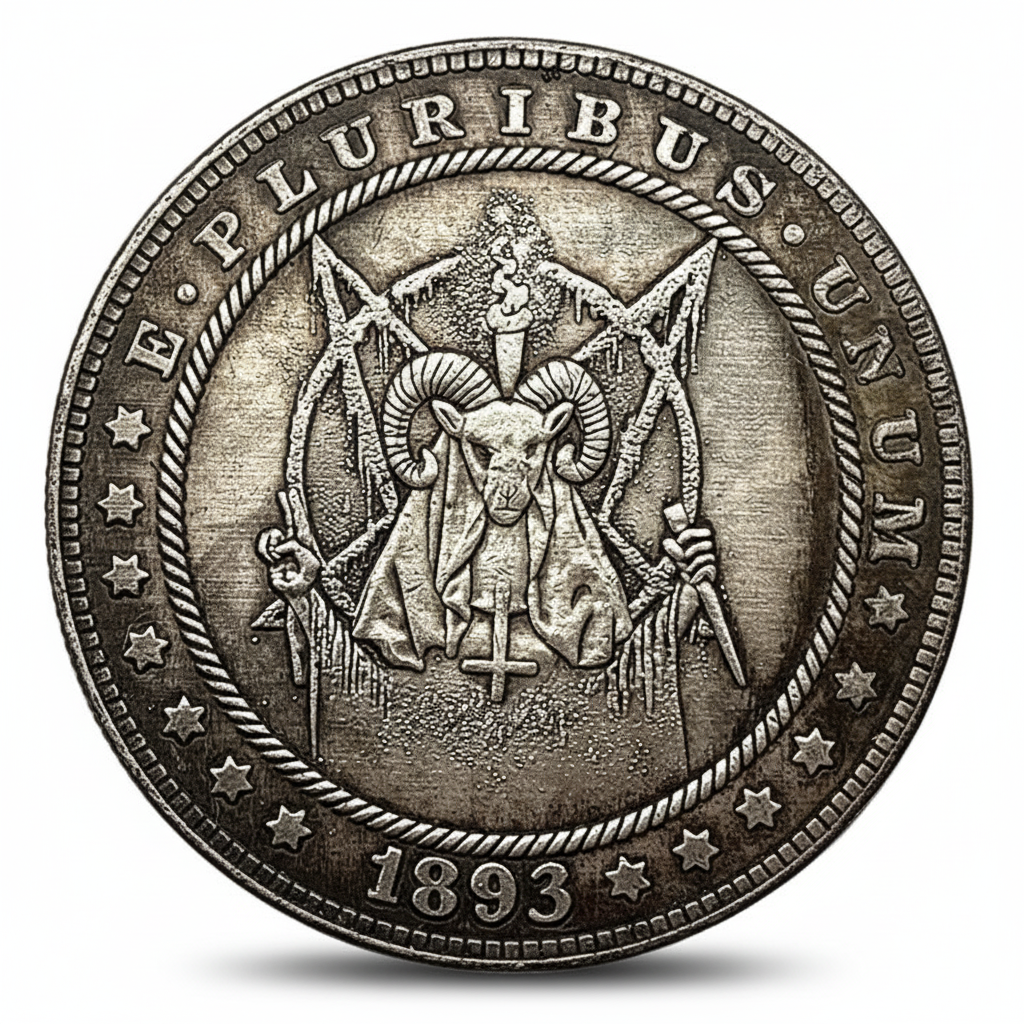 hobo coin featuring red zealot castle demon with horns ritual dagger inverted cross E Pluribus Unum 1893