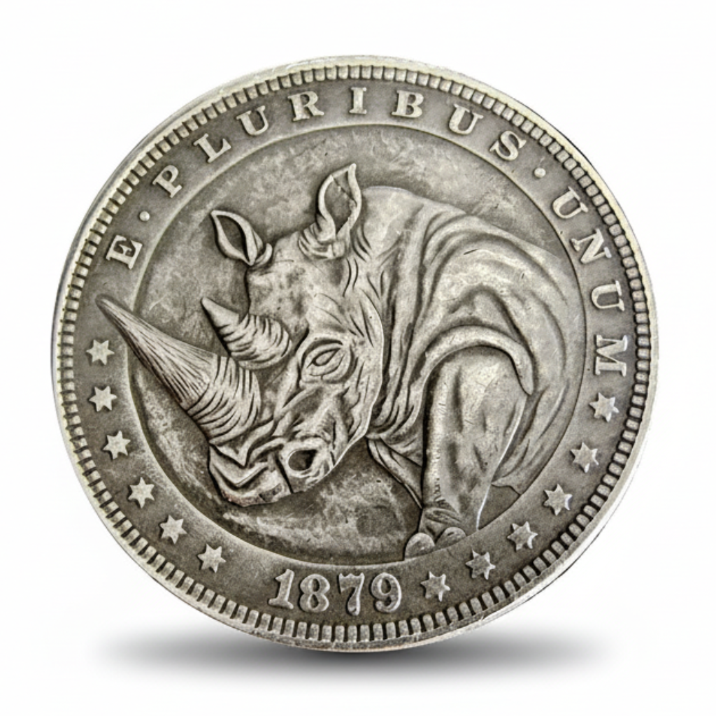 Rhino hobo nickel collectible coin 1879 rhinoceros carved wildlife folk art gift for collectors available at One More Coin store
