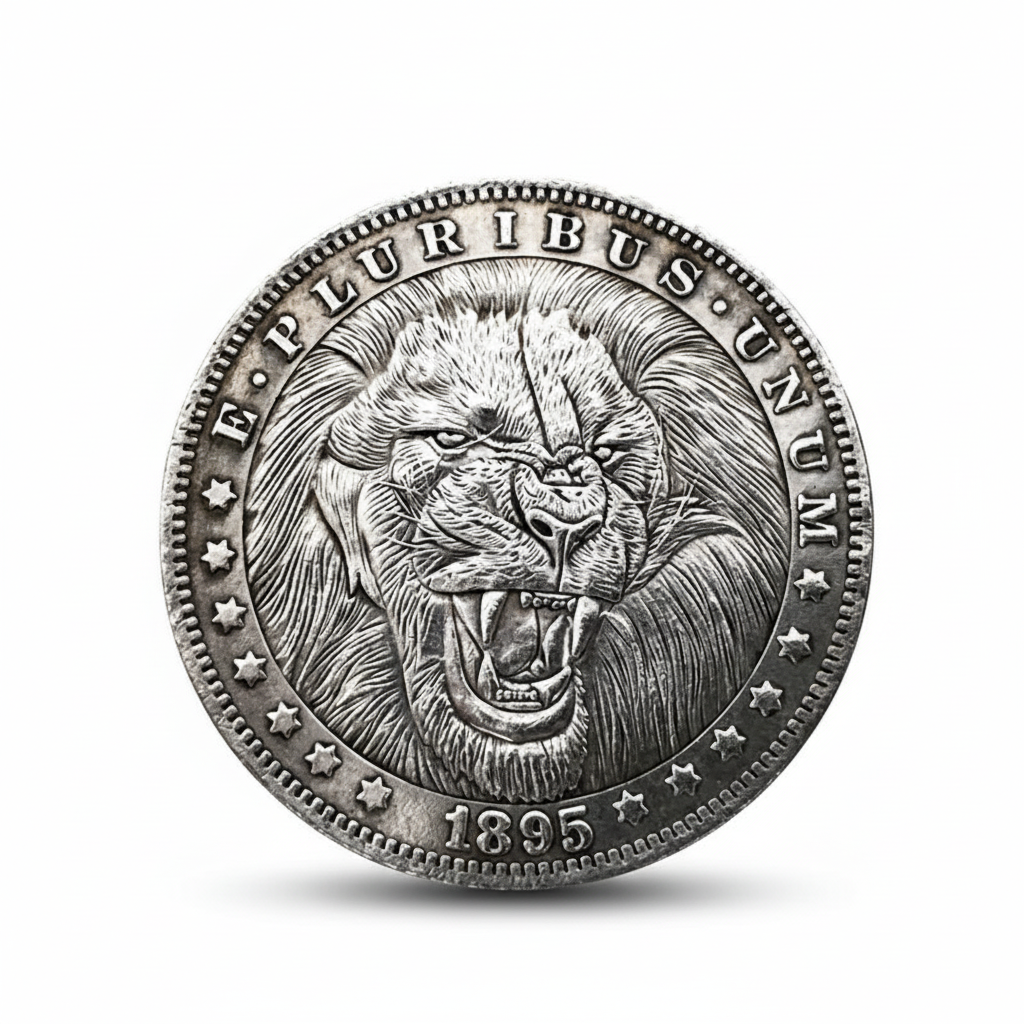 1895 Roaring Lion hobo nickel coin with fierce open mouth, flowing mane and antique silver finish
