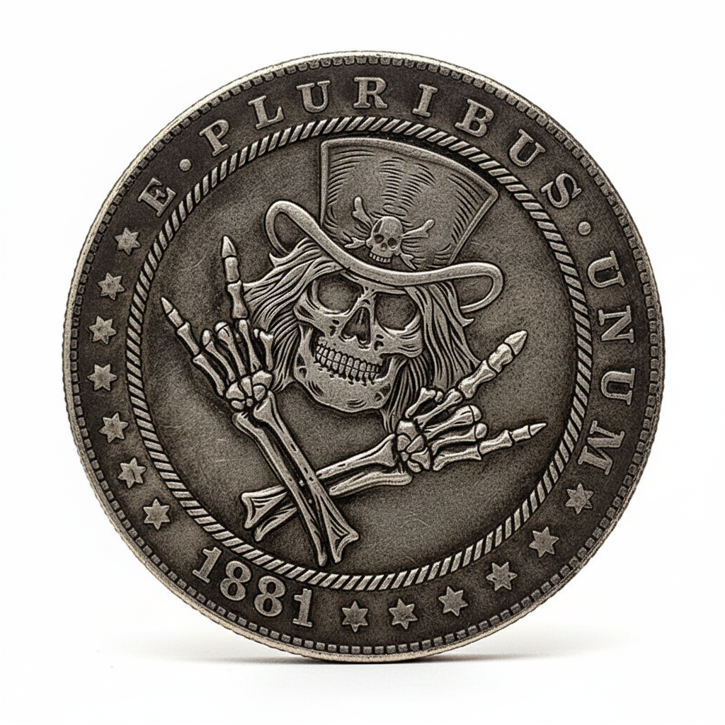 Rockstar cowboy skeleton coin with rock hand gesture and cross 1881 carved Western rock art available at One More Coin store
