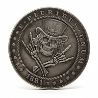Rockstar cowboy skeleton coin with rock hand gesture and cross 1881 carved Western rock art available at One More Coin store
