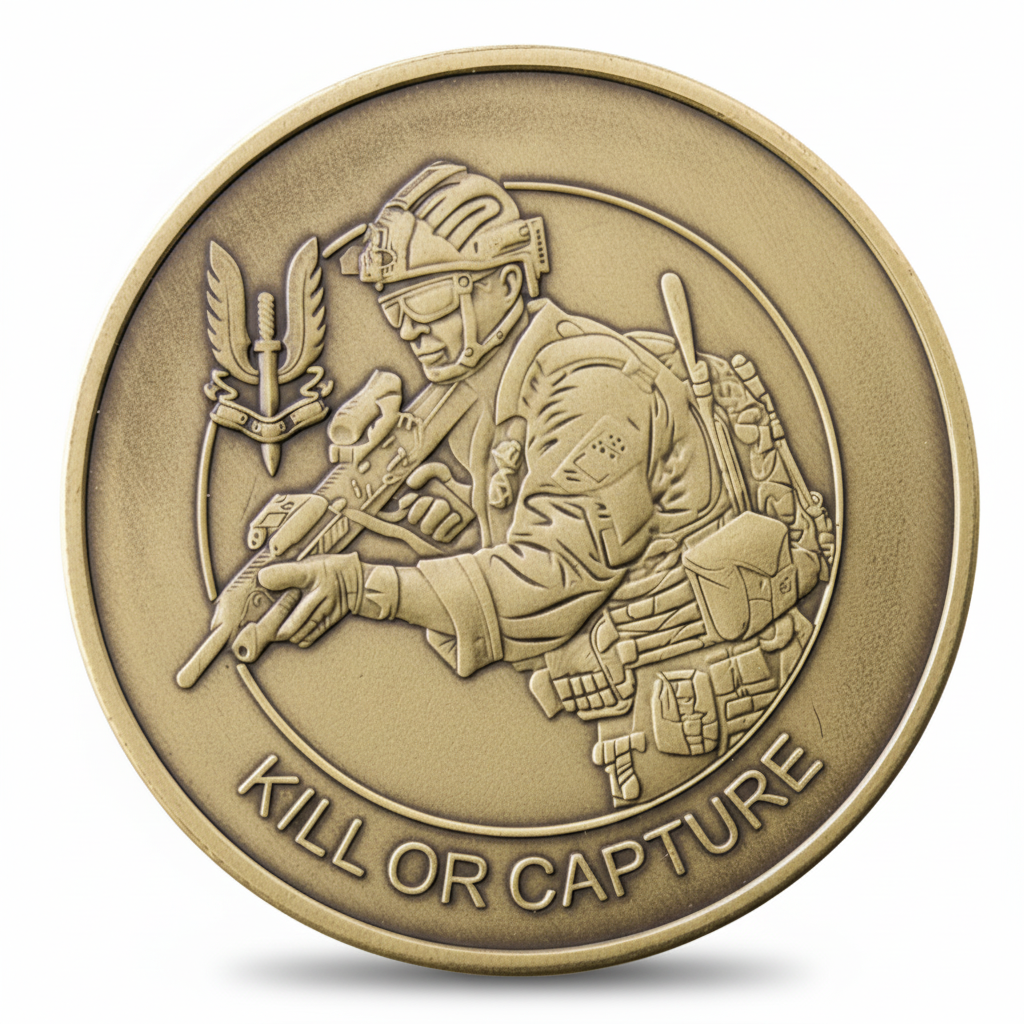 Premium 40mm antique bronze SAS coin reverse featuring tactical soldier with rifle and equipment, Kill or Capture text on white background
