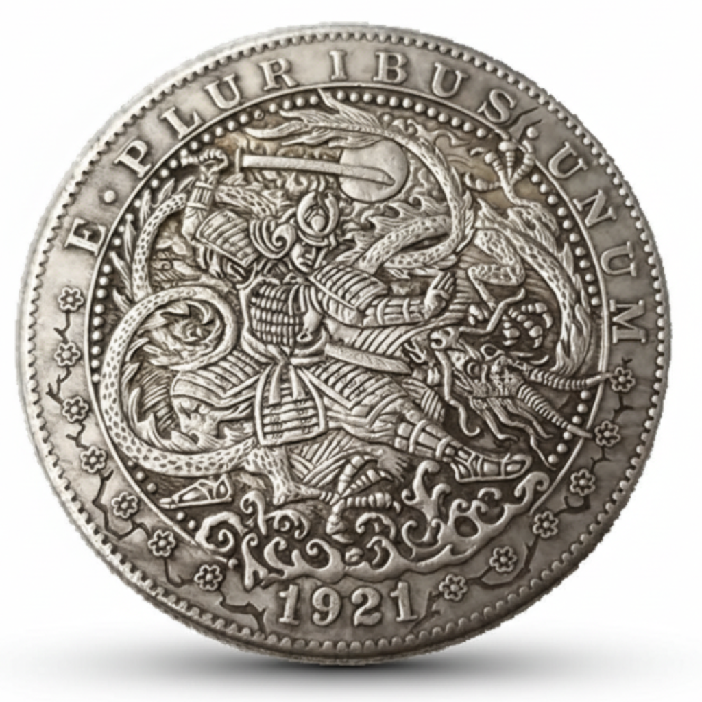 Samurai dragon hobo coin with warrior in armor battling serpentine dragon 1921 carved Japanese art available at One More Coin store
