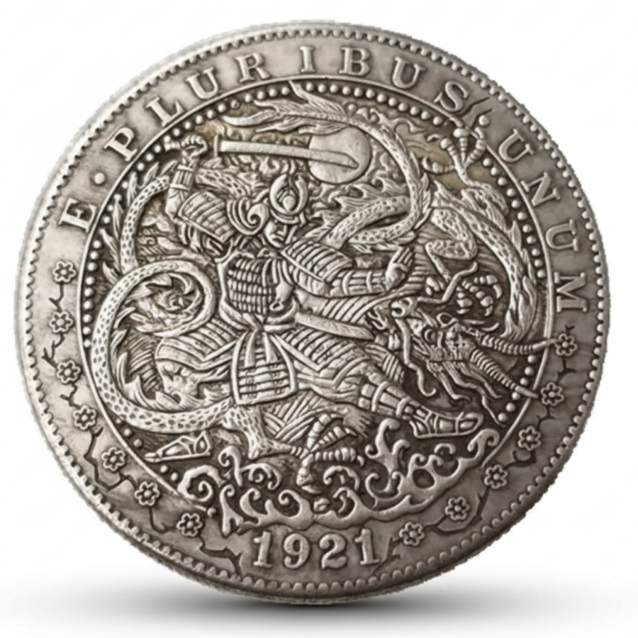 Samurai dragon hobo coin with warrior in armor battling serpentine dragon 1921 carved Japanese art available at One More Coin store
