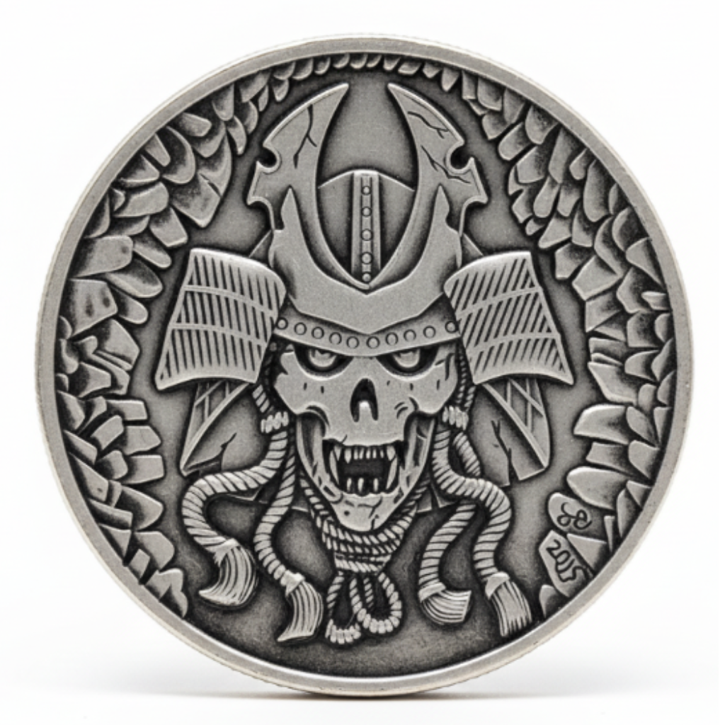 Samurai skull coin with kabuto helmet and dragon scale border carved Japanese warrior art available at One More Coin store
