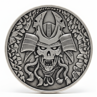 Samurai skull coin with kabuto helmet and dragon scale border carved Japanese warrior art available at One More Coin store
