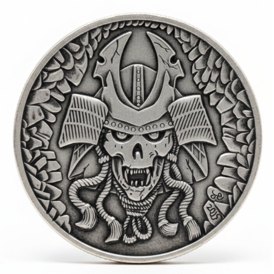 Samurai skull coin with kabuto helmet and dragon scale border carved Japanese warrior art available at One More Coin store
