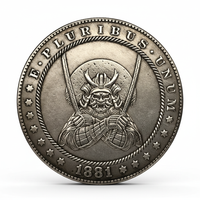 Samurai warrior hobo coin with kabuto helmet and katana swords 1881 carved Japanese art available at One More Coin store
