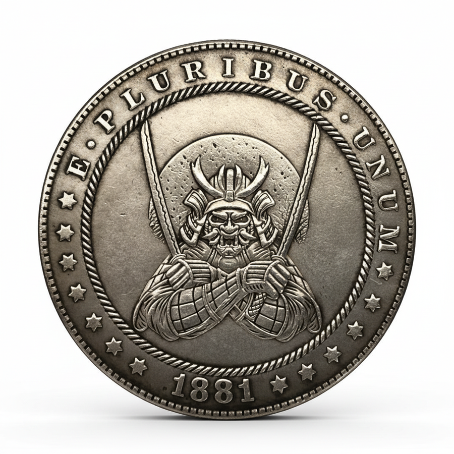 Samurai warrior hobo coin with kabuto helmet and katana swords 1881 carved Japanese art available at One More Coin store
