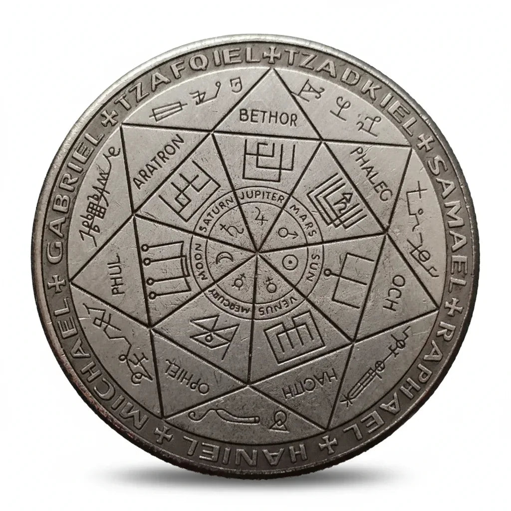 Seven Archangels talisman coin collectible protection amulet pentagram Hebrew spiritual sacred geometry gift for collectors available at One More Coin store
