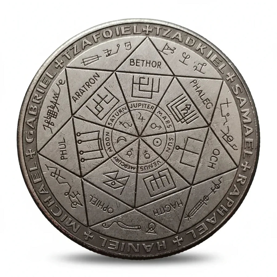 Seven Archangels talisman coin collectible protection amulet pentagram Hebrew spiritual sacred geometry gift for collectors available at One More Coin store
