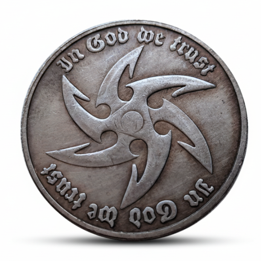 Shuriken coin with throwing star design and In God We Trust inscription gothic collectible available at One More Coin store
