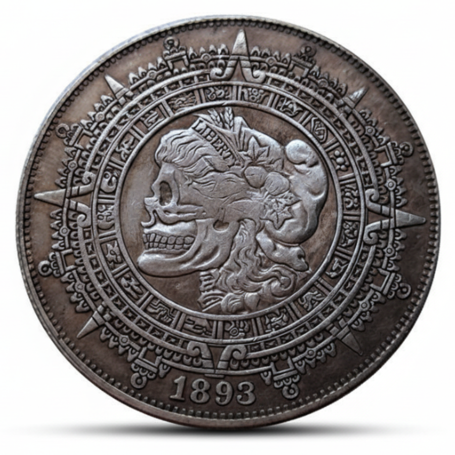 Aztec calendar with skull centerpiece 1893 copper coin reverse side gothic collectible
