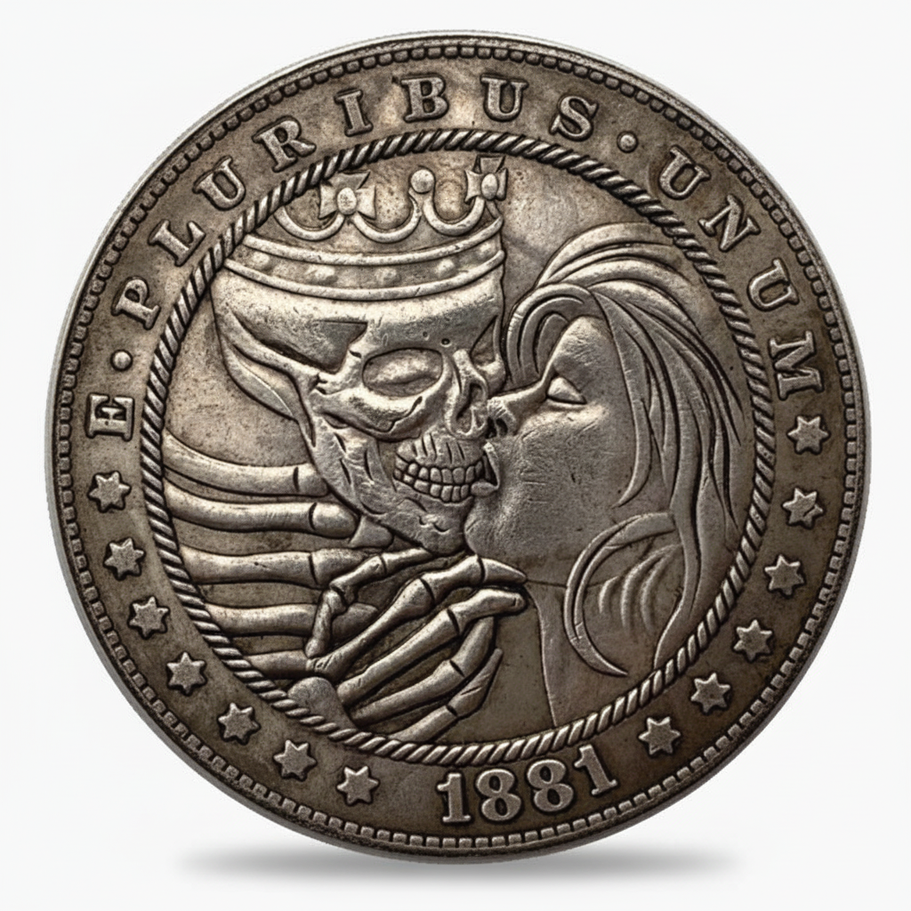 Skeleton king hobo coin with crown and detailed bone structure 1881 carved silver gothic art available at One More Coin store
