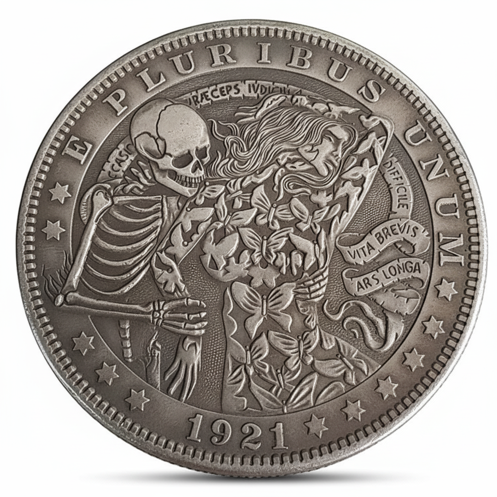Skeleton kissing butterfly woman coin with flowers and Latin inscription 1921 carved gothic romance art available at One More Coin store
