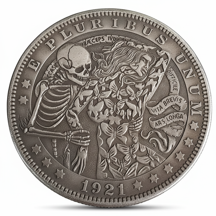 Skeleton kissing butterfly woman coin with flowers and Latin inscription 1921 carved gothic romance art available at One More Coin store
