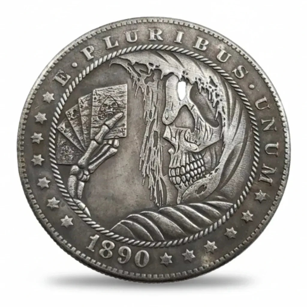Skeleton playing cards hobo nickel collectible coin 1890 gothic memento mori carved folk art gift for collectors available at One More Coin store
