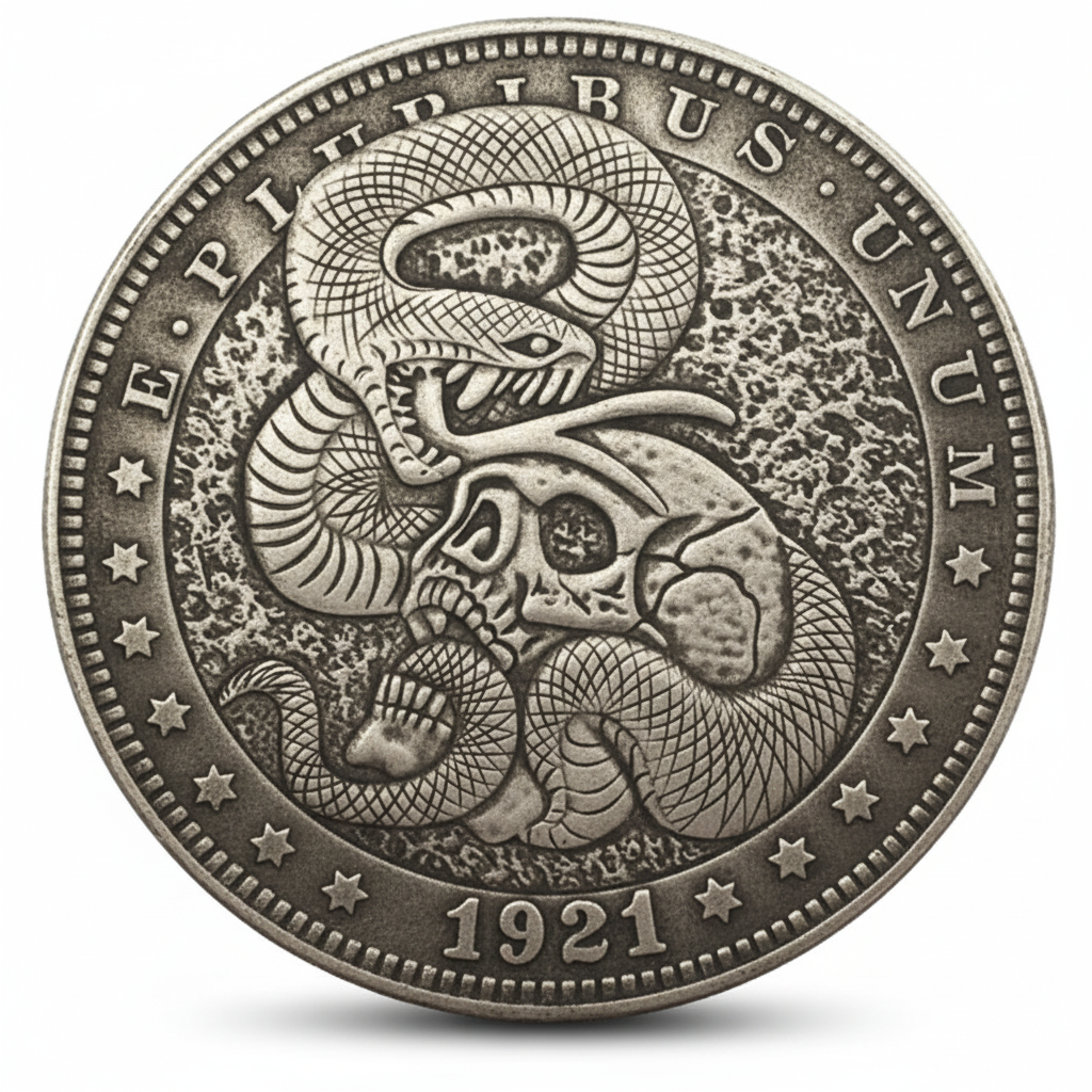 Skeleton snake skull coin with eagle reverse 1921 carved gothic art available at One More Coin store
