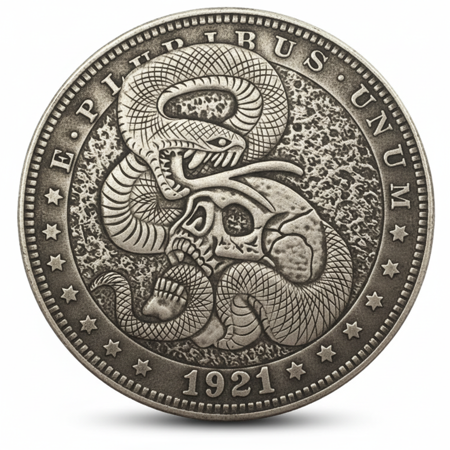 Skeleton snake skull coin with eagle reverse 1921 carved gothic art available at One More Coin store
