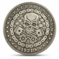 Skull pistons bike chain coin with checkered racing flags 1921 carved motorcycle art available at One More Coin store
