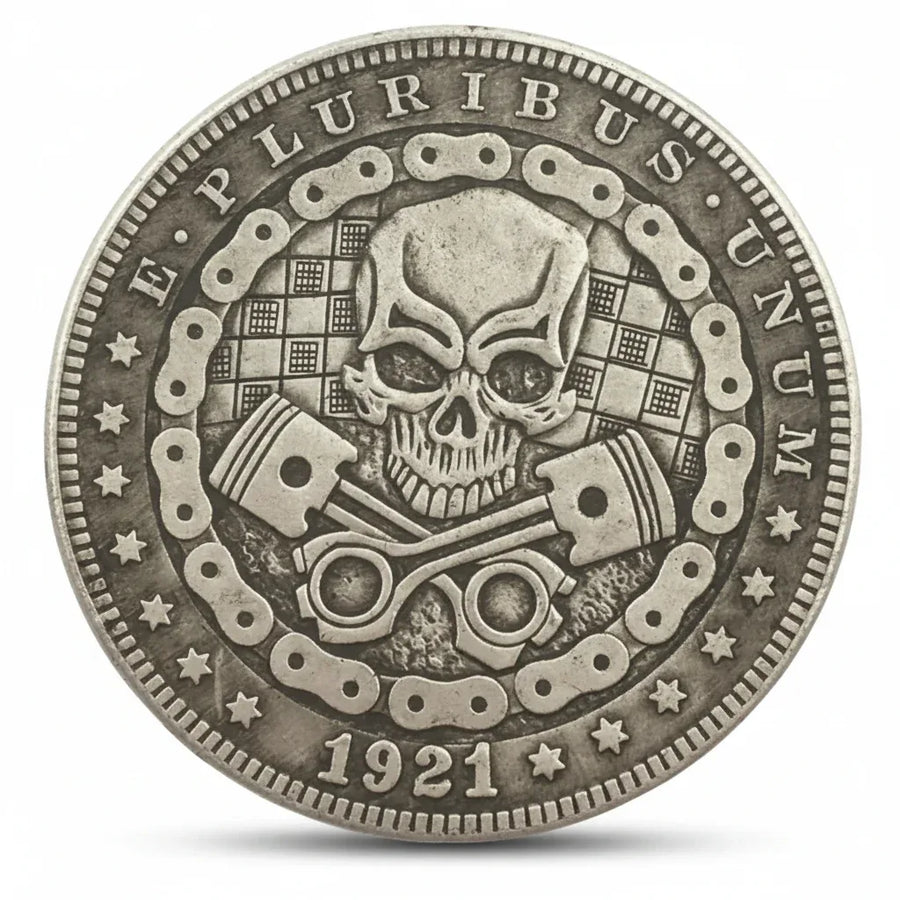 Skull pistons bike chain coin with checkered racing flags 1921 carved motorcycle art available at One More Coin store

