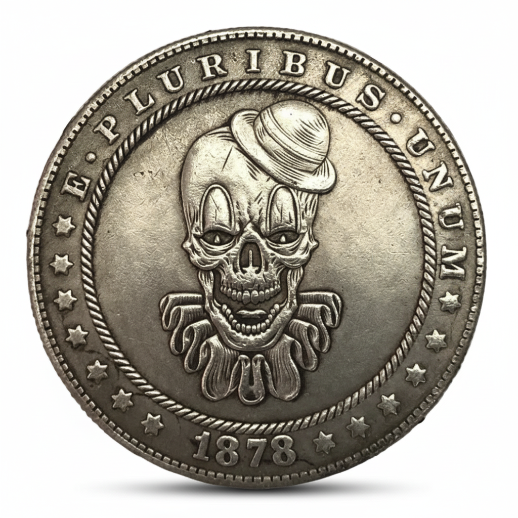 Skull top hat coin with Victorian design and eagle reverse 1878 carved gothic art available at One More Coin store
