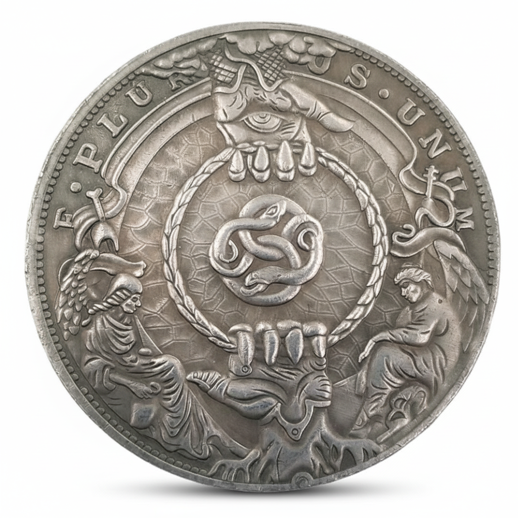 Snake skeleton hand coin with grim reaper and angel carved memento mori art available at One More Coin store
