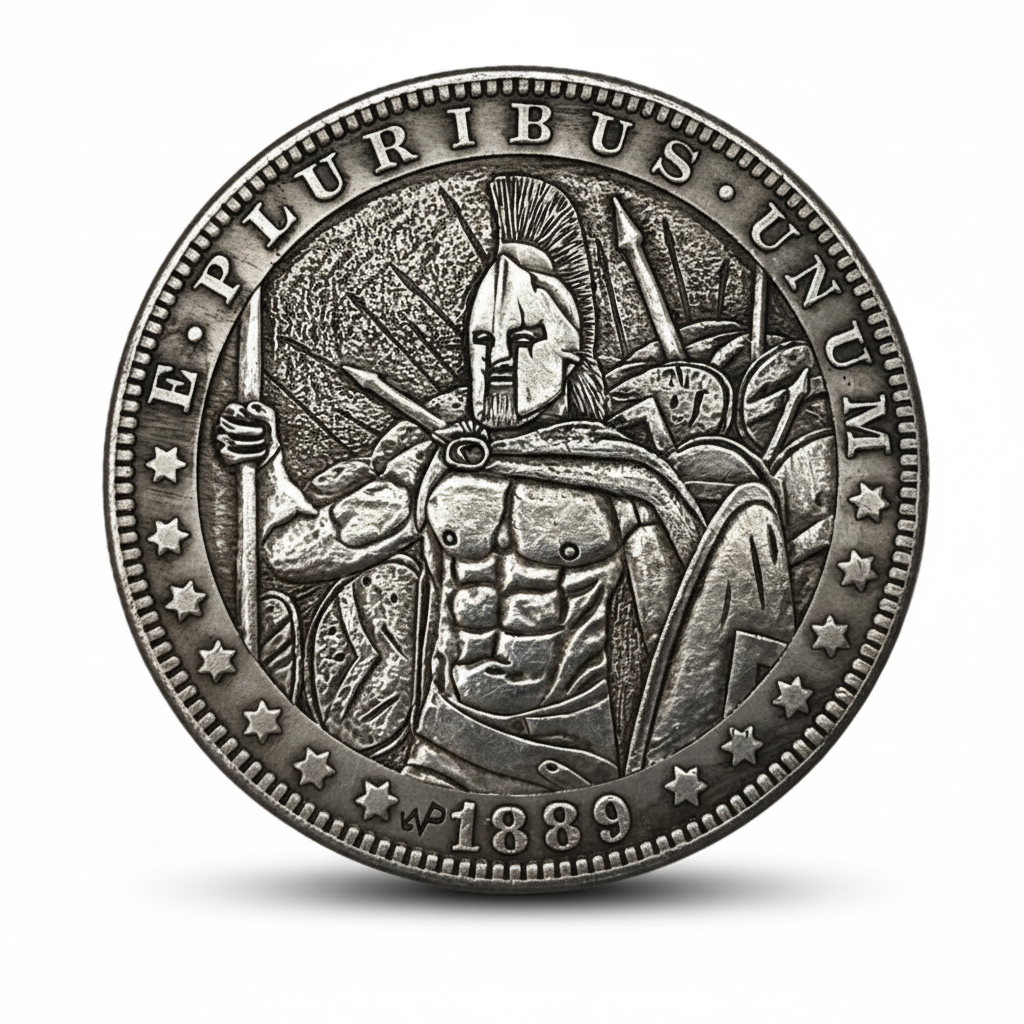 Spartan warrior Morgan Dollar hobo coin collectible token helmet spear shield Greek history gift for collectors available at One More Coin store
