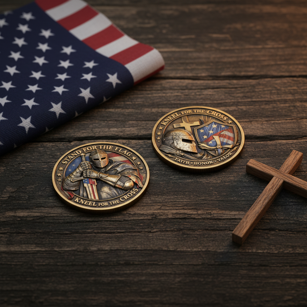 Stand for the Flag Kneel for the Cross both sides flat lay antique bronze commemorative collectible coin American flag wooden cross dark wood surface patriotic faith collectible token
