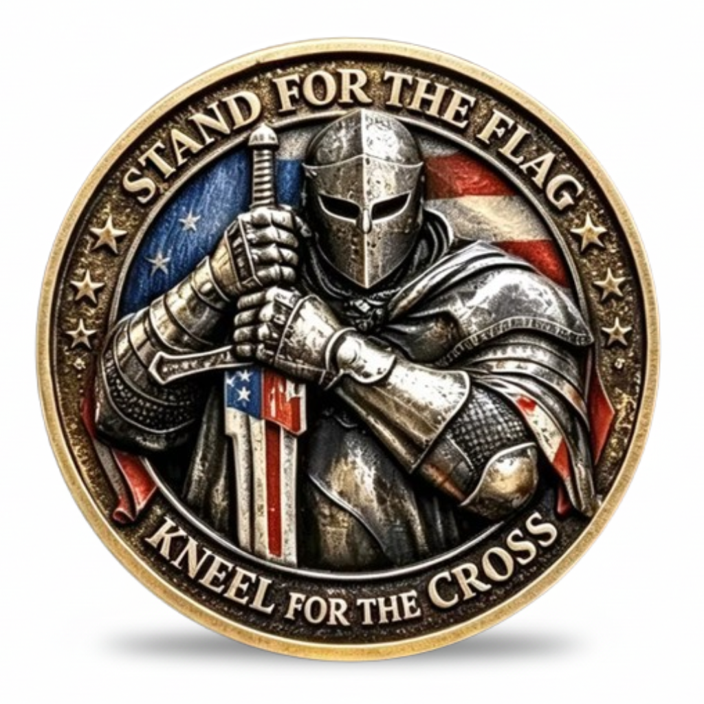Stand for the Flag Kneel for the Cross armoured crusader knight Stars and Stripes commemorative collectible coin patriotic faith collectible token available at One More Coin store
