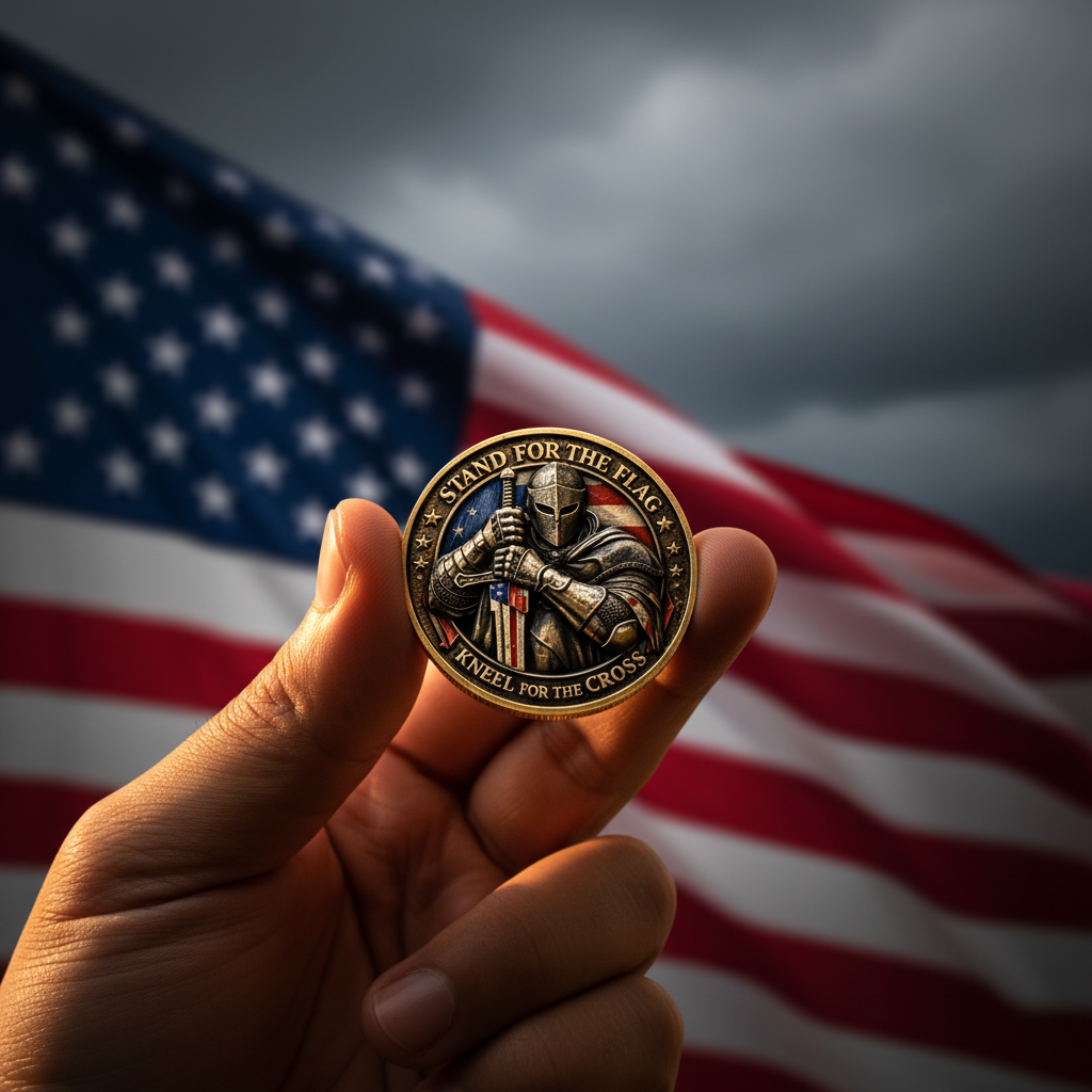 Stand for the Flag Kneel for the Cross commemorative collectible coin held in hand American flag background patriotic Christian veteran gift collectible token
